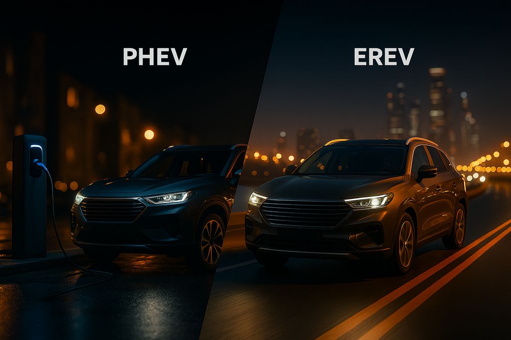 Ночной город и два гибрида: подключаемый PHEV и «удлинённый» EREV — обложка сравнения
