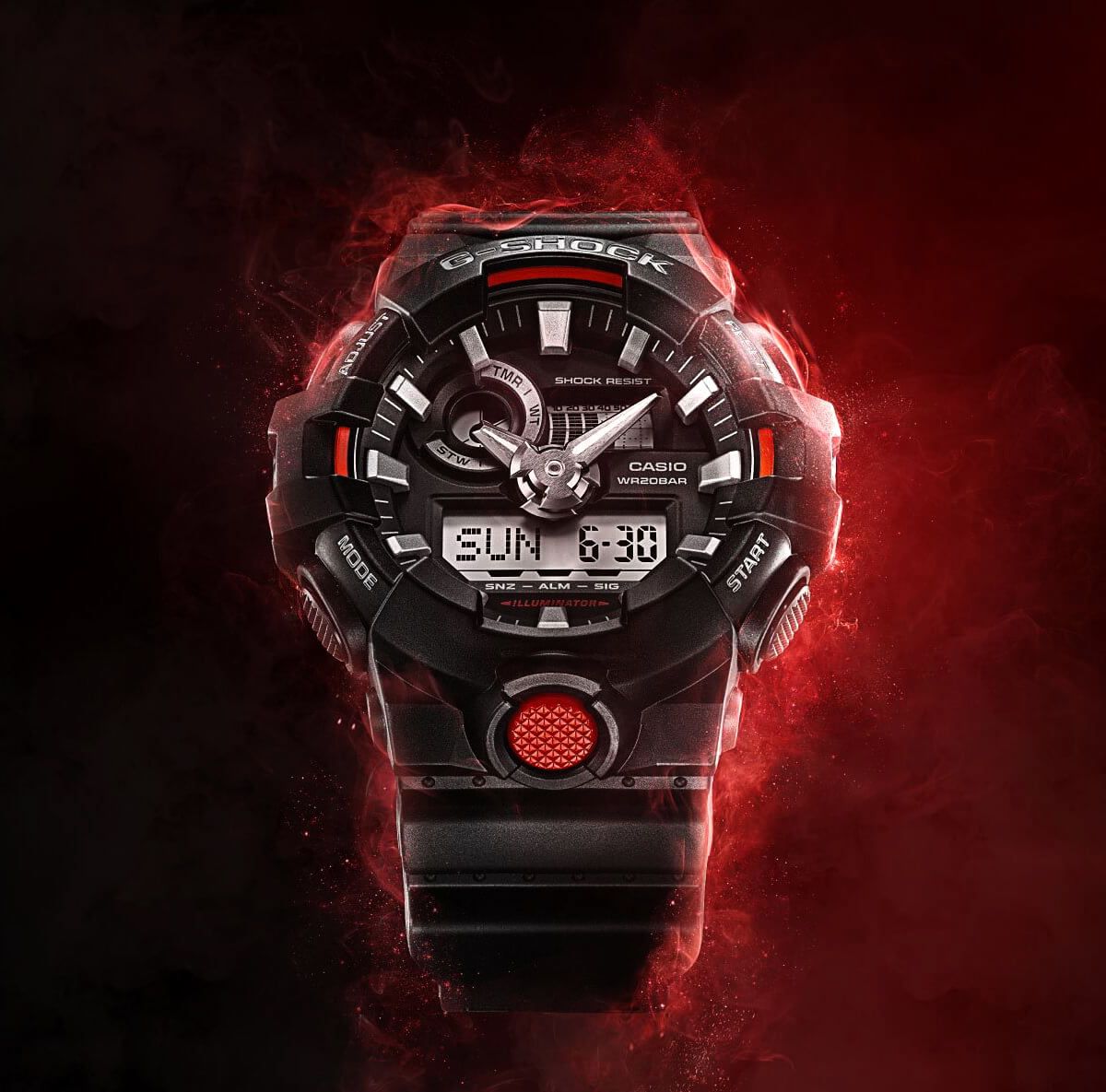 Комбинация триколора (красный, черный и белый) сконцентрирована на определенных областях часов, чтобы вывести точную и смелую эстетику наилучшим образом